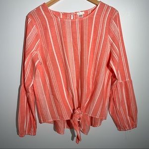Melon & White Striped Crisp Tie Front Top Sz Large